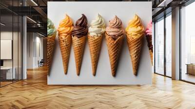 Seven ice cream cones with different colors, flavors and toppings Wall mural