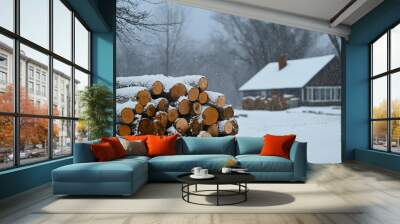 Stacked pile of firewood covered in snow during winter, cut logs and timber as fuel for heating energy material in a rural outdoor environment Wall mural