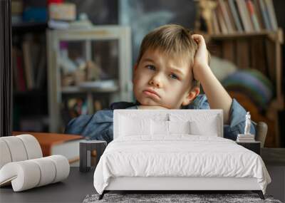 Stressed young pupil student, exhausted and frustrated preschool boy sitting at a desk or table in his room. Reading notebooks, homework deadline, toddler kid or child, studying for exam Wall mural