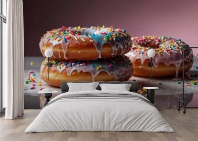 Three donuts with sprinkles on top of each other Wall mural