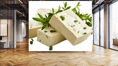 Tofu as isolated vegan and vegetarian cheese alternative made from soy protein, offering delicious and healthy nutrition in asian food and japanese cuisine Wall mural