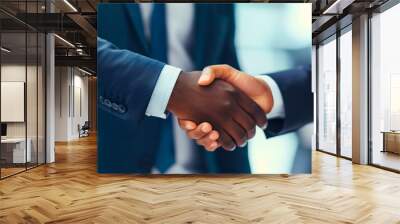 Two Businessmen handshake representing cooperation in their businesses, African American and Caucasian business people in elegant suits, new client negotiation, contract partnership Wall mural