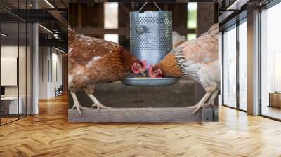 Two chickens standing by feeder in indoor coop setting Wall mural