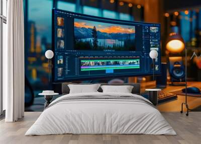 Video editing software or program opened on a wide pc computer monitor screen display placed along the keyboard and speakers on a wooden table or desk in a home room or office interior, nighttime Wall mural