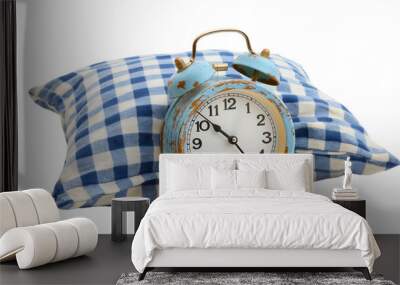 Vintage retro classic rustic blue alarm clock or watch leaning on a pillow isolated on transparent background. Morning early wake up time, snooze, tired Wall mural