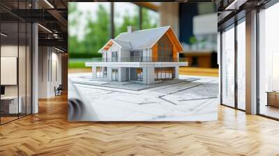 White modern building design 3d model on the wooden desk or table, papers with architectural drawings and site blueprint for construction work. Home or house apartment property, residential investment Wall mural