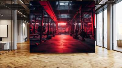 Wide angle photography of an empty modern gym interior full of weights, bars and racks. Strong artificial red lighting illuminating the room, nighttime shadows Wall mural