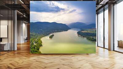 Summer rain and stormy weather. Danube river valley panorama. Wall mural