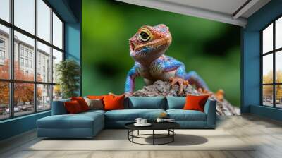 A brightly colored lizard with a mix of blue, green, and orange hues perched on a tree branch, its head raised, set against a lush green background. Wall mural