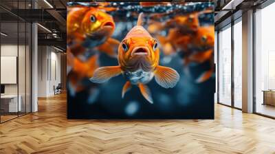 A close-up image of a goldfish swimming underwater, highlighting its vibrant orange colors and detailed features, with other goldfish and water creating a dynamic underwater scene. Wall mural