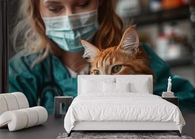 A female veterinarian in a green uniform and mask holds a calm ginger cat in her arms, showcasing care and compassion in a clinical setting. Wall mural