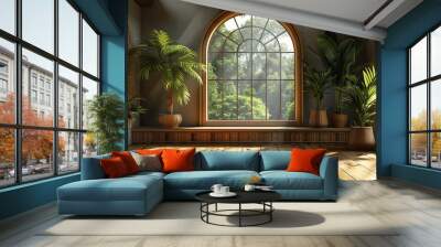 A serene room with large arched windows offers a view of lush greenery outside. The wooden floor and potted plants create a peaceful indoor garden atmosphere filled with tranquility. Wall mural