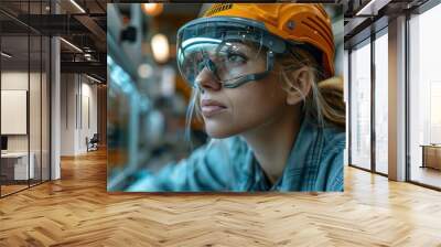 Focused worker wearing a helmet and safety goggles and leaning closely towards a work surface, indicative of a manufacturing or laboratory environment. Wall mural