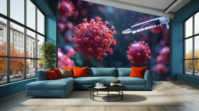 This image represents a 3D render of a syringe approaching a magnified virus cell, symbolizing medicine and research Wall mural