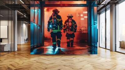 Two firefighters, fully equipped with protective gear and breathing apparatus, walk towards a burning building illuminated by flames at night, showcasing their bravery and duty. Wall mural