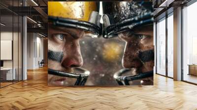 Two football players in full gear face off intensely on a rain-soaked field, illustrating the fierce competition and dedication in the sport under challenging weather conditions. Wall mural