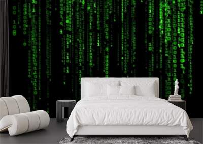 Background in a matrix style.Binary computer code on black background.Green digital code numbers in matrix style.Cyberpunk hacker abstraction backdrop.Random numbers falling on the black background. Wall mural