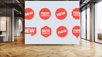 A collection of sticker icons from new labels. Suitable for design elements of retail stores, online outlets, and promotion of new products for sale. New red label sticker with white border icon set. Wall mural