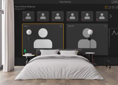 Flat vector illustration of video conference app layout. Perfect for design element of webinar, video meeting software user interface, and online conference. Wall mural