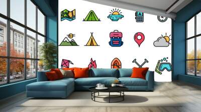 Icon collection of adventure in the wild and outdoor activities. Suitable for design element of campfire, vacation, and adventure icon set. Outdoor lineal color icon set. Wall mural