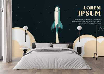 Rocket ship take off illustration 80's background. Suitable for space mission launch and technology banner. Wall mural