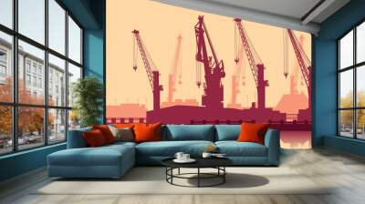 vector silhouette of crane on sea port. Suitable for design element of export import trade industry, cargo and shipping company, and cargo crane in harbor. Crane port vector background. Wall mural