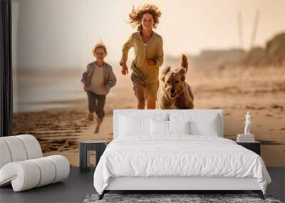 Beautiful sisters running on the beach sand with her cute dog. Generative AI Wall mural