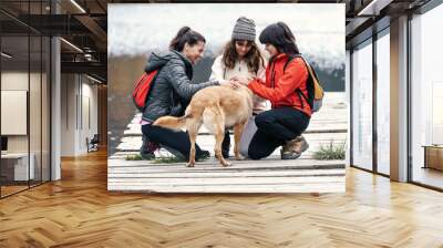 Pretty family playing with a dog wihile staying on a pier on the lake Wall mural