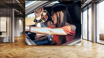 Pretty young women singing while driving a car on road trip on beautiful summer day. Wall mural