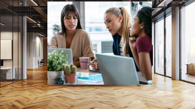 Three modern businesswomen talking and reviewing the latest work done on the computer in a joint workspace. Wall mural