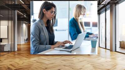 Two business women work with laptops on the partitioned desk in the coworking space. Concept of social distancing. Wall mural