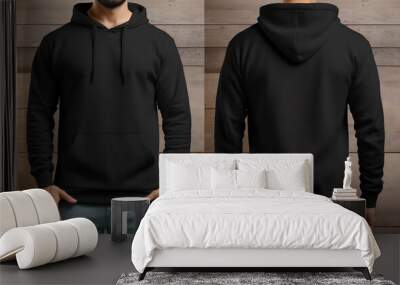 black hoodie sweater photo with front and back view isolated on wooden wall background. generative ai Wall mural