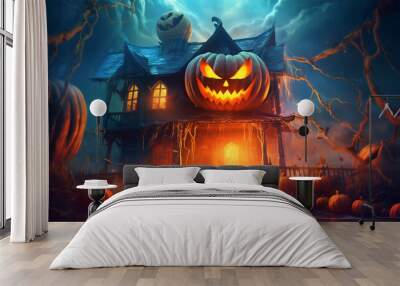 halloween poster, scary pumpkin and house, with fantastic background, generative ai Wall mural