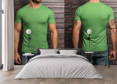 plain green t-shirt mockup template, photo studio with male model, with view, front and back, generative ai Wall mural