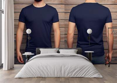 plain navy t-shirt mockup template, photo studio with male model, with view, front and back, generative ai Wall mural