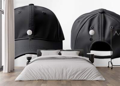 set of plain black hats with front and back views. mockup template, generative ai Wall mural