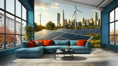 A city skyline with solar panels and wind turbines, representing clean energy in urban planning. Wall mural