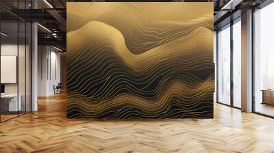 Abstract gold line wave background. black background with gold wave lines curved wavy sparkle with copy space for text. Three-dimensional wave and black, gold background. Wall mural