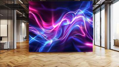 Colorful neon light effect wave dark background.   Wall mural