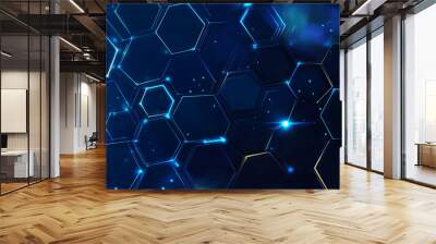 Digital dark blue technology hexagon pattern dark background. hexagon concept design abstract technology background.  Wall mural