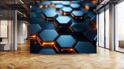 Digital dark blue technology hexagon pattern dark background. hexagon concept design abstract technology background.  Wall mural