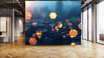 Futuristic blue gradient with oscillating frequency patterns, creating a sleek background, Digital hexagon abstract background. Wall mural