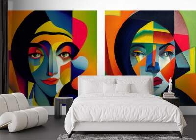 Set of two color images of abstract female portrait, rich color background, cubist artwork Wall mural