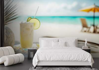 A delicious cold cocktail drink with a colorful umbrella and tropical fruits served on a white sandy beach. Generative AI creates a refreshing atmosphere perfect for a hot summer day. Generative AI Wall mural