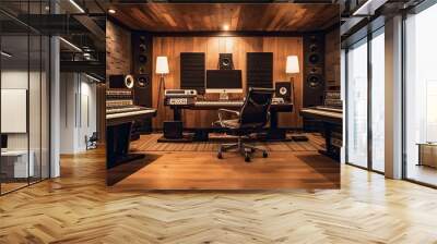 A inviting music recording studio with soundproof walls, a mixing console, and vintage - inspired decor that inspires creativity and captures the essence of the music being produced. generative ai Wall mural