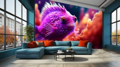 Beautiful Colorful Purple Fire  Fish swimming in colorful coral reef in crystal clear waters. Generative AI Wall mural