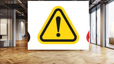 Caution icons set, exclamation mark, warning signs. Isolated attention triangle symbols on white background. Warning alert error concept: black, yellow, red color. Vector to PNG design. Wall mural