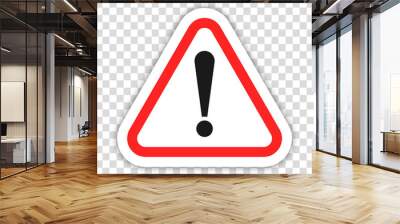 Danger icon, Caution symbol, Exclamation sign. Isolated exclam risk triangle on transparent background. Colored warning alert concept design. Vector illustration to PNG. Wall mural