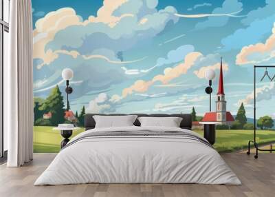 fantasy city landscape cartoon style background panorama concept drawing image hd print 15232x5120 p Wall mural