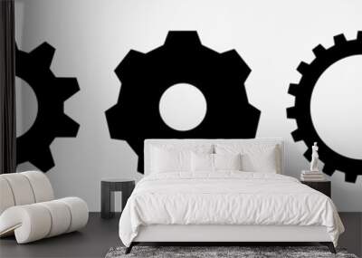 Gear setting vector icon set. Isolated black gears mechanism and cog wheel on white background. Progress or construction concept. Cogwheel icons UI vector. Wall mural